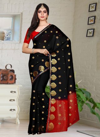 Black Satin Silk Classic Sari with Embroidered Work