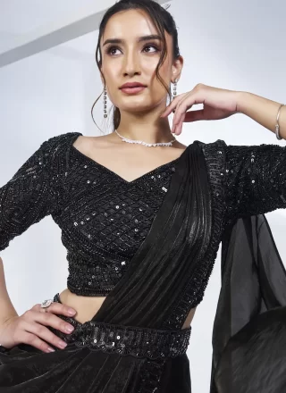Black Satin Silk Contemporary Saree with Patch Border, Hand and Khatli Work