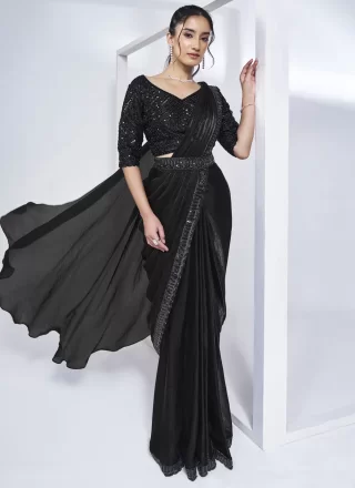 Black Satin Silk Contemporary Saree with Patch Border, Hand and Khatli Work