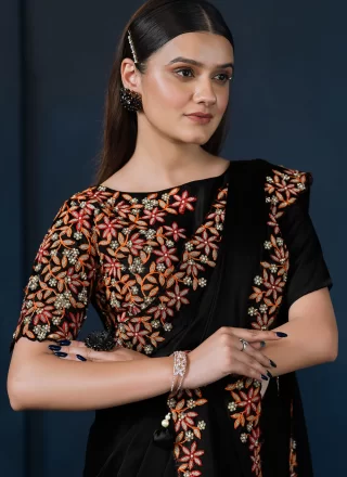 Black Satin Silk Embroidered and Stone Work Traditional Saree for Festival