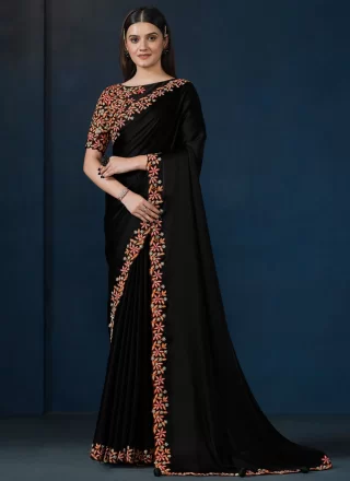 Black Satin Silk Embroidered and Stone Work Traditional Saree for Festival