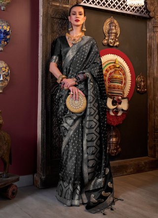 Black Satin Silk Trendy Saree with Weaving Work for Ceremonial