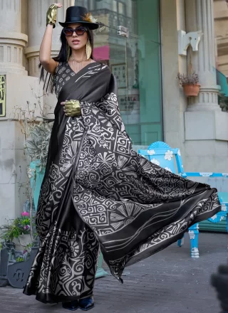 Black Satin Trendy Saree with Print Work for Casual