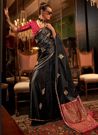 Black Satin Weaving Work Trendy Saree