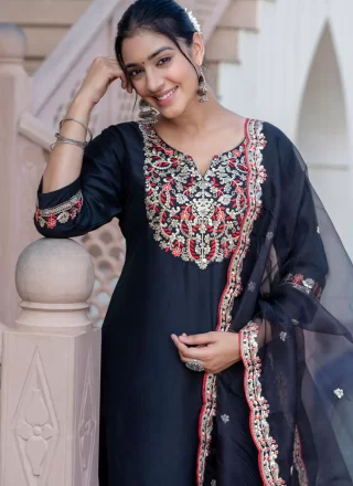 Black Silk Blend Readymade Salwar Suit with Embroidered Work for Women