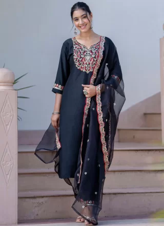 Black Silk Blend Readymade Salwar Suit with Embroidered Work for Women