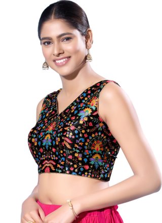Black Silk Blouse with Print Work for Casual