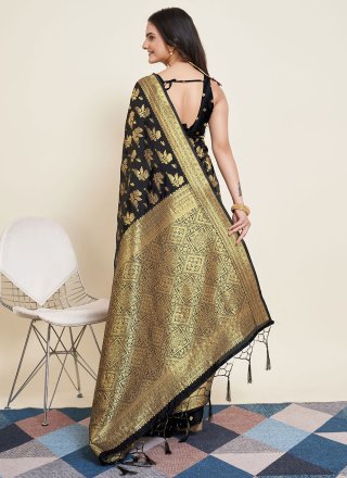 Black Silk Classic Sari with Weaving Work