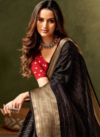 Black Silk Classic Sari with Woven Work for Women