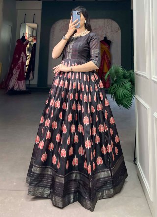 Black Silk Designer Gown with Print and Zari Work for Ceremonial