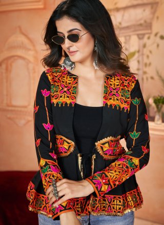 Black Silk Embroidered, Lace and Mirror Work Casual Kurti