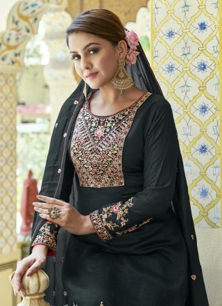 Black Silk Embroidered, Thread and Zari Work Salwar Suit for Women
