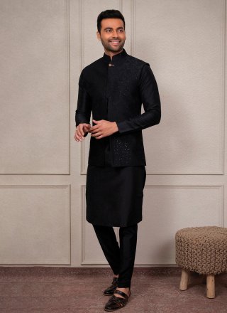 Black Silk Embroidered Work Kurta Payjama with Jacket for Ceremonial