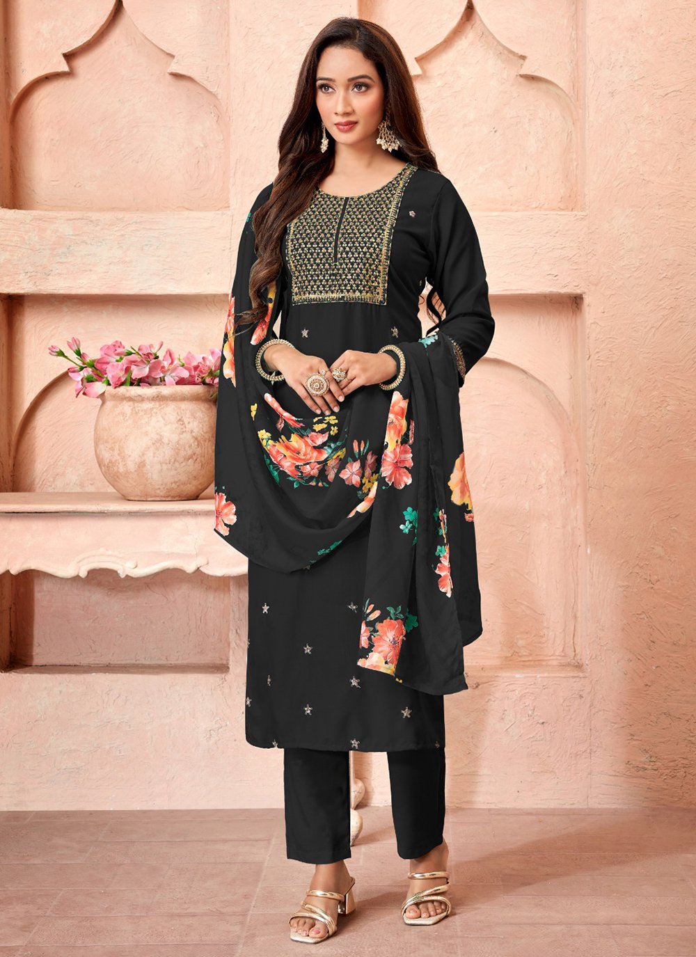 Embroidered French Crepe Solid Semi Stitched Salwar suit