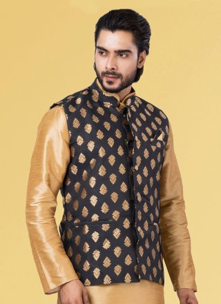 Black Silk Jacquard Work Nehru Jackets for Ceremonial