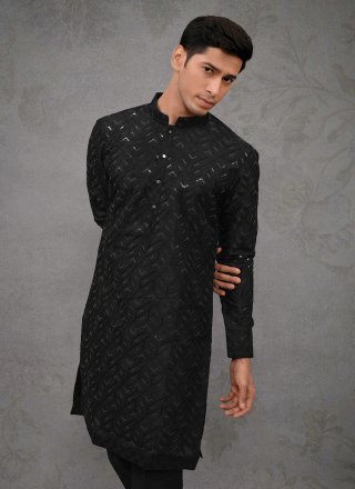 Black Silk Kurta Pyjama with Embroidered Work