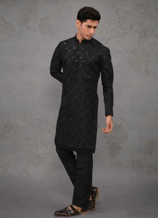 Black Silk Kurta Pyjama with Embroidered Work