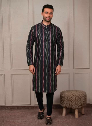 Black Silk Kurta Pyjama with Embroidered Work for Men