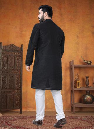 Black Silk Kurta Pyjama with Patch Border Work for Men