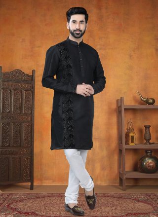 Black Silk Kurta Pyjama with Patch Border Work for Men