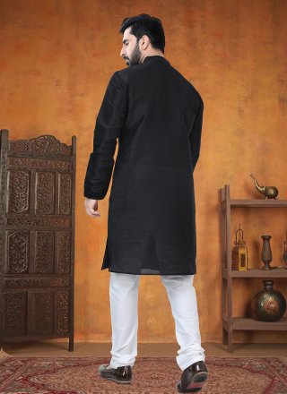 Black Silk Patch Border Work Kurta Pyjama