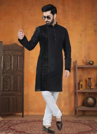 Black Silk Patch Border Work Kurta Pyjama