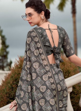 Black Silk Print Work Classic Saree