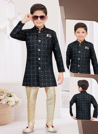 Black Silk Sherwani Kids Wear with Buttons, Fancy and Thread Work for Kid