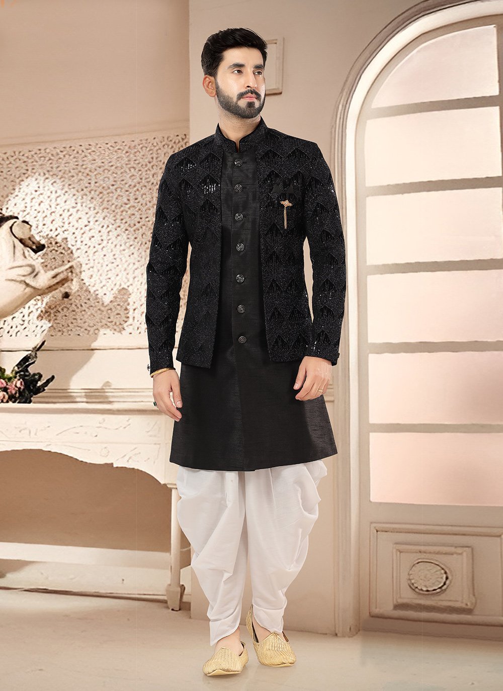 Black Silk Sherwani Mens Wear with Embroidered and Zari Work for Ceremonial