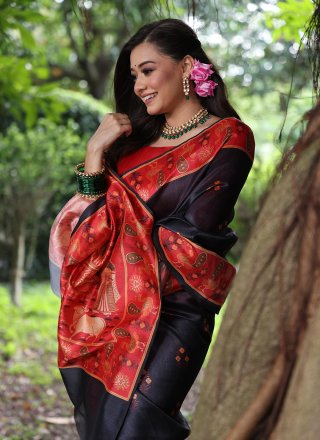 Black Tussar Silk Patch Border and Print Work Classic Saree for Casual