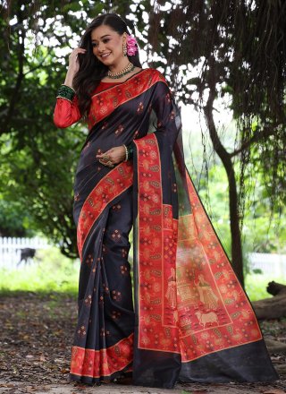Black Tussar Silk Patch Border and Print Work Classic Saree for Casual