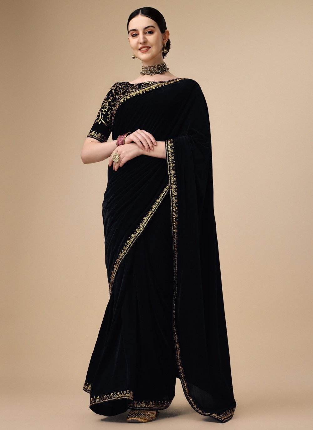 Buy Siril Embellished, Dyed, Solid/Plain Bollywood Velvet Black Sarees  Online @ Best Price In India | Flipkart.com