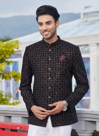 Black Velvet Machine Embroidery and Thread Work Jodhpuri Jacket