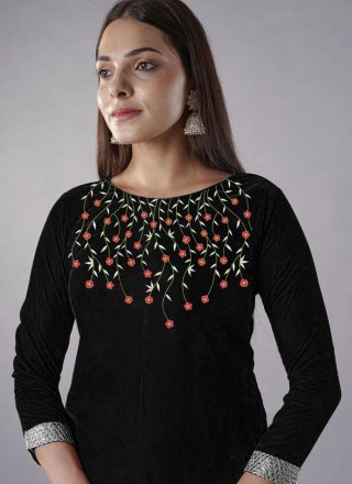 Black Velvet Readymade Salwar Suit with Embroidered Work for Ceremonial