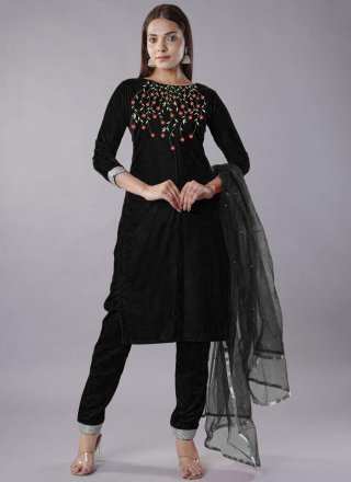 Black Velvet Readymade Salwar Suit with Embroidered Work for Ceremonial