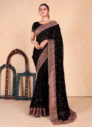 Black Vichitra Silk Designer Saree with Embroidered Work for Women