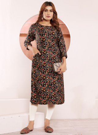 Black Viscose Buttons and Print Work Designer Kurti for Women