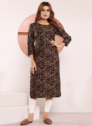 Black Viscose Buttons and Print Work Designer Kurti for Women