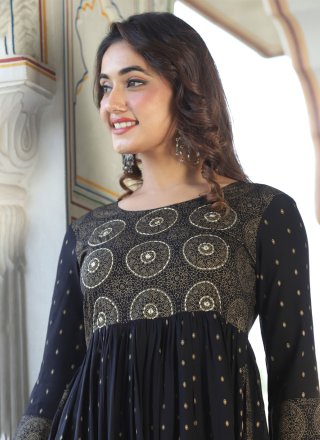 Black Viscose Party Wear Kurti with Embroidered and Print Work for Ceremonial