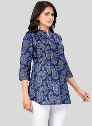 Blended Cotton Designer Kurti In Blue