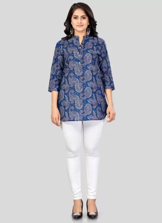 Blended Cotton Designer Kurti In Blue