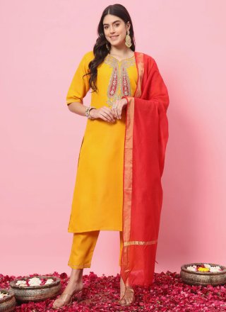 Blended Cotton Trendy Suit In Mustard