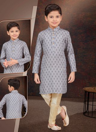 Blissful Grey Rayon Kurta Pyjama with Digital Print and Machine Embroidery Work