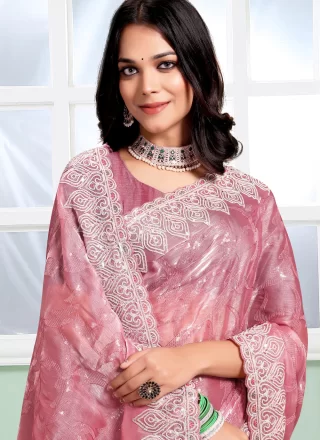Blissful Pink Silk Trendy Saree with Embroidered and Sequins Work