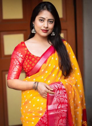 Blissful Red and Yellow Jute Silk Contemporary Saree with Print Work