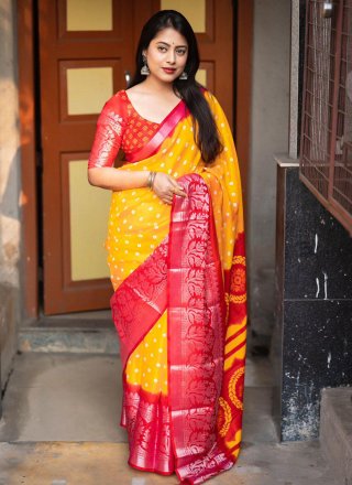 Blissful Red and Yellow Jute Silk Contemporary Saree with Print Work