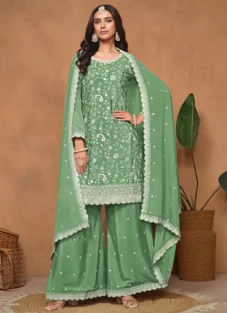 Blooming Green Chinon Salwar Suit with Embroidered and Sequins Work