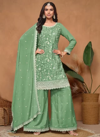Blooming Green Chinon Salwar Suit with Embroidered and Sequins Work