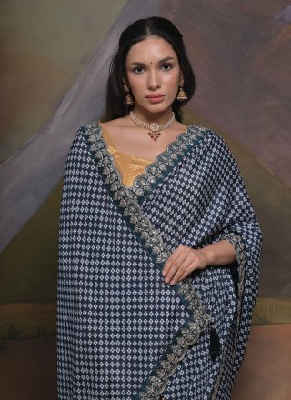 Blooming Grey Chinon Trendy Saree with Patch Border and Print Work
