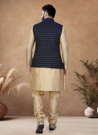 Blue and Gold Jacquard Kurta Payjama with Jacket with Embroidered, Sequins and Thread Work for Ceremonial